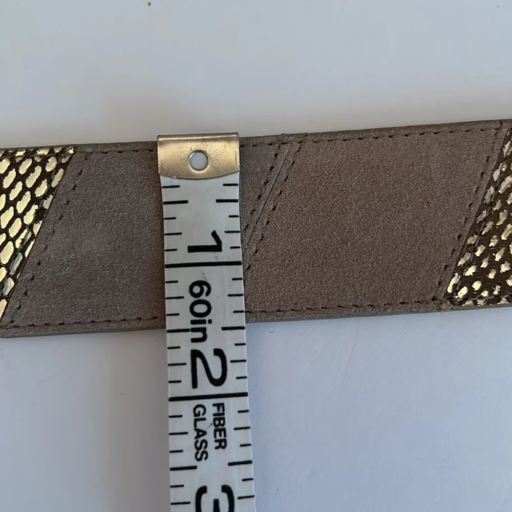 White House Black Market tan suede and gold snakeskin patchwork leather belt